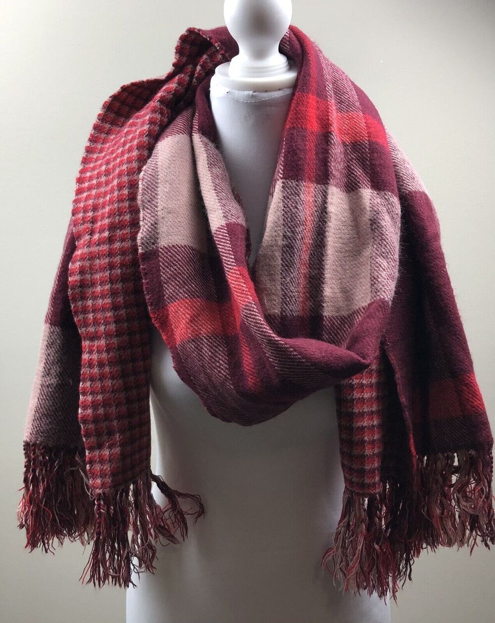A New Day Shawl Scarf Women Red Plaid Wrap Blanket Reversible Fringe 74 X 21